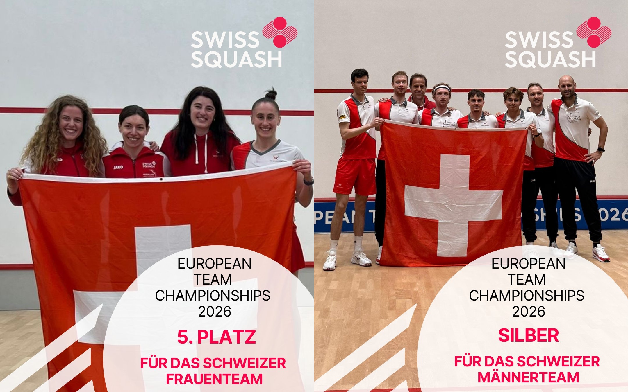 Les équipes suisses posent avec un drapeau suisse au Championnat d'Europe par équipes 2026 : les femmes, 5e, à gauche, les hommes, médaillés d'argent, à droite