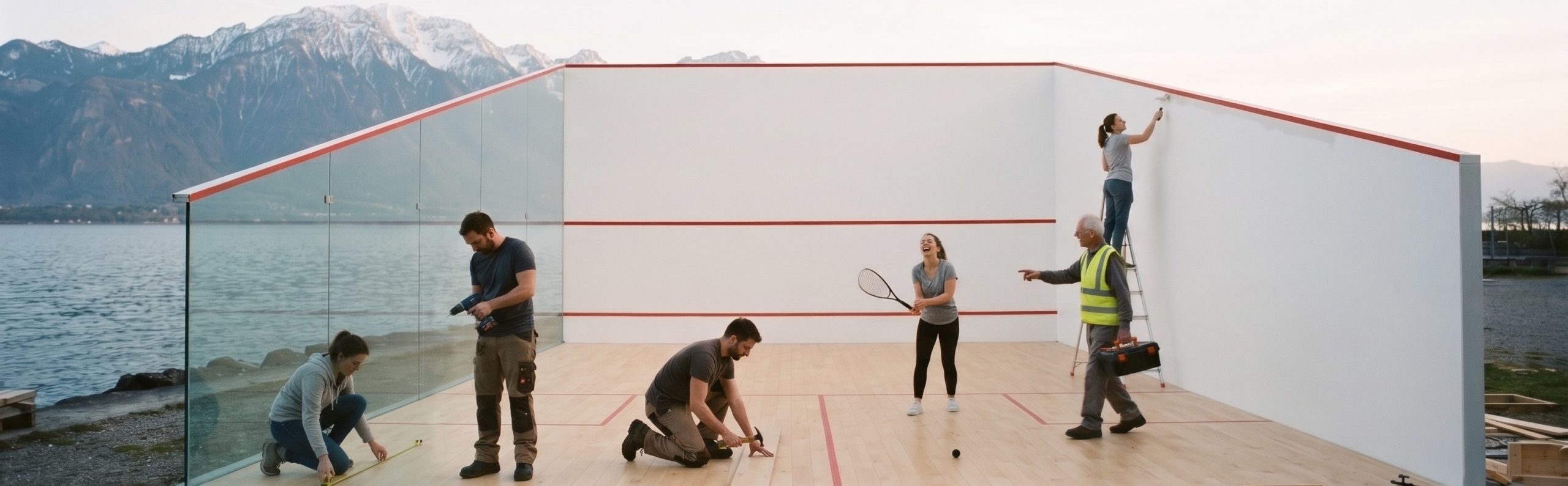 Photo : des bénévoles construisent un court de squash au bord du Léman, face aux Alpes
