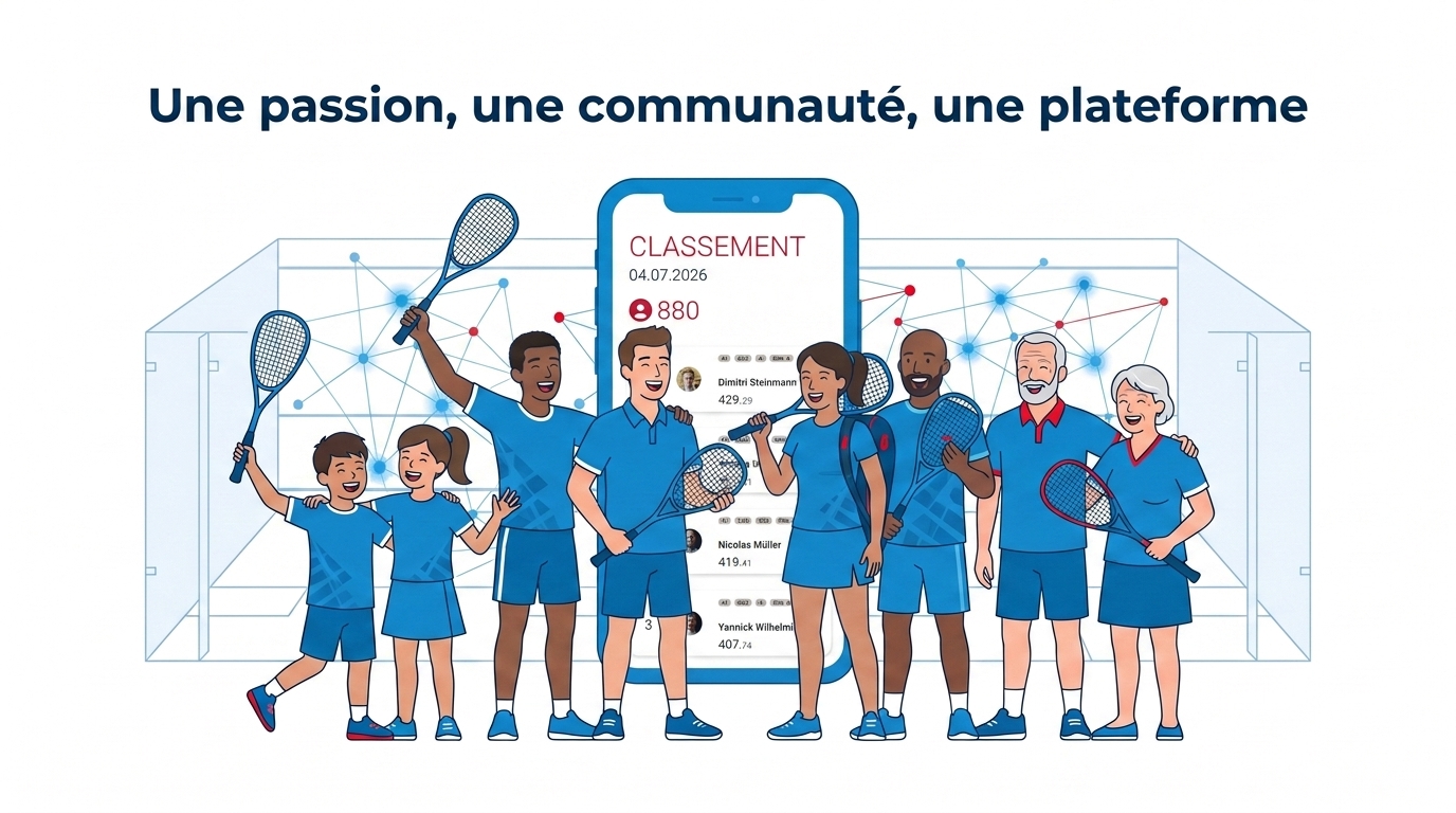 Illustration « Une passion, une communauté, une plateforme » : des joueurs de tous âges, raquette en main, autour d'un smartphone affichant le classement MySquash