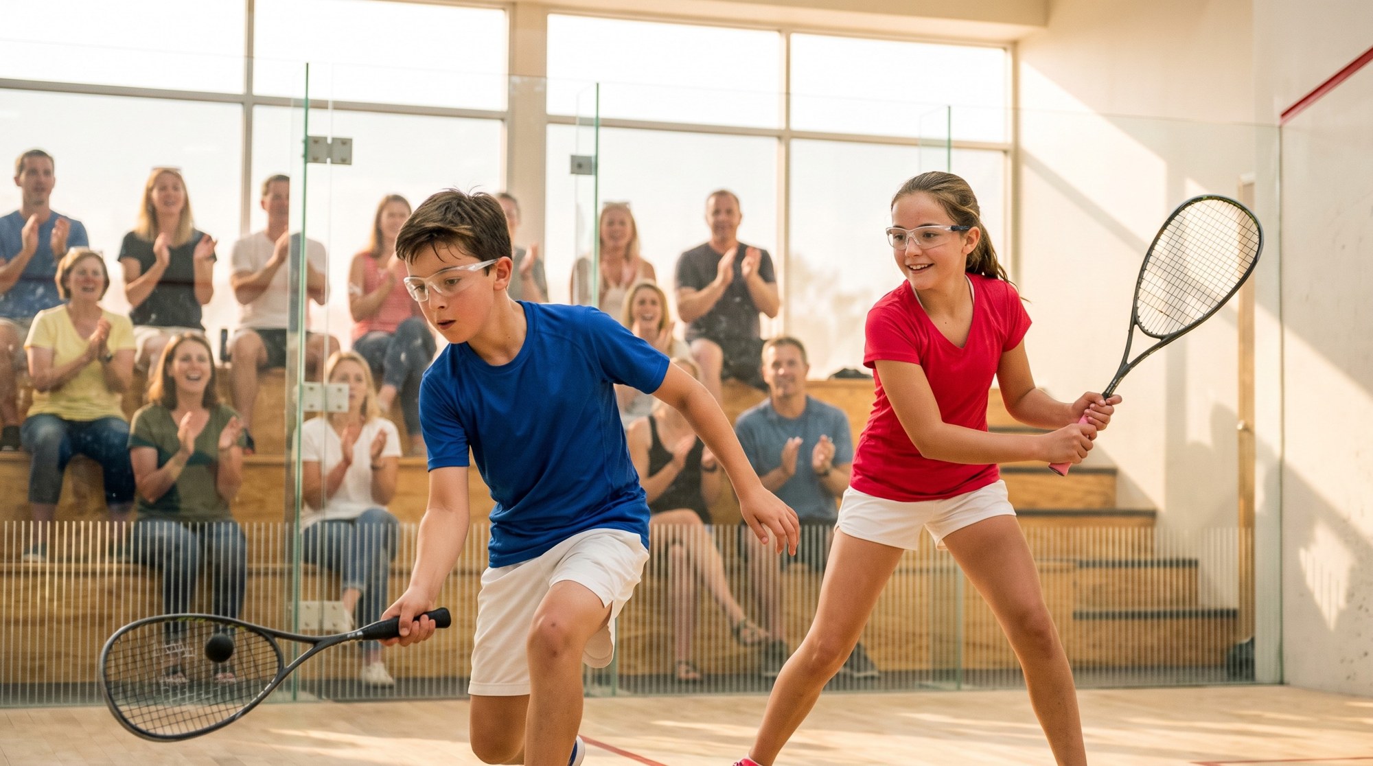 Illustration : deux juniors jouent au squash devant des spectateurs qui applaudissent