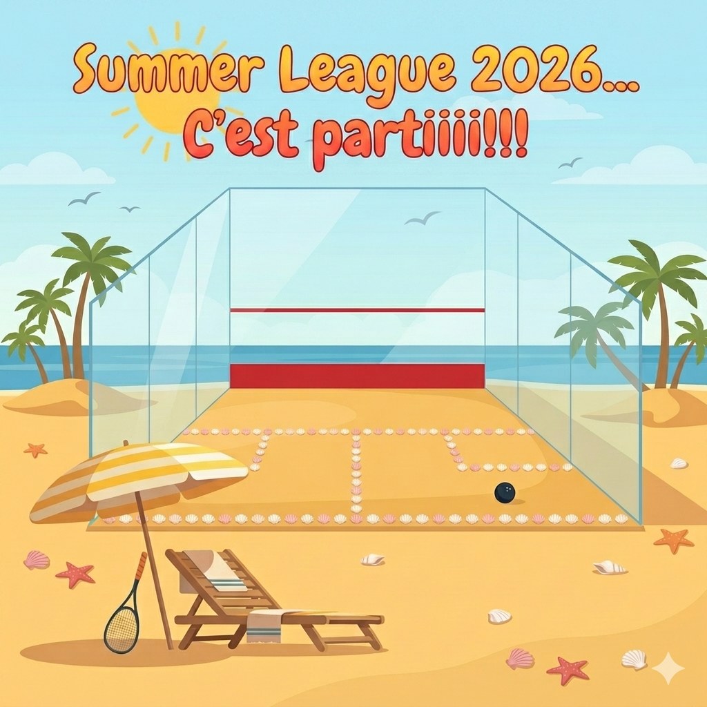 Illustration « Summer League 2026... C'est partiiii !!! » : un court de squash vitré sur une plage, avec parasol, transat et raquette