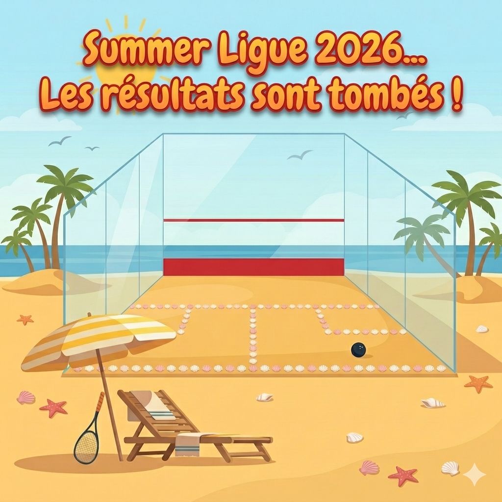 Illustration d'un court de squash en verre sur une plage, avec le titre « Summer Ligue 2026... Les résultats sont tombés ! »
